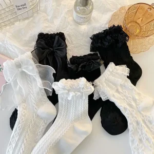 Darling Lacey Bow Tube Socks  Black White 