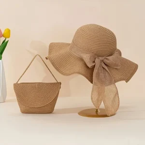 2pcs Sun hat and woven shoulder bag combined with a stylish ruffle design