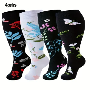 4 pairs plus size patterned compression socks  wide-leg mid-calf socks for running, yoga, dancing